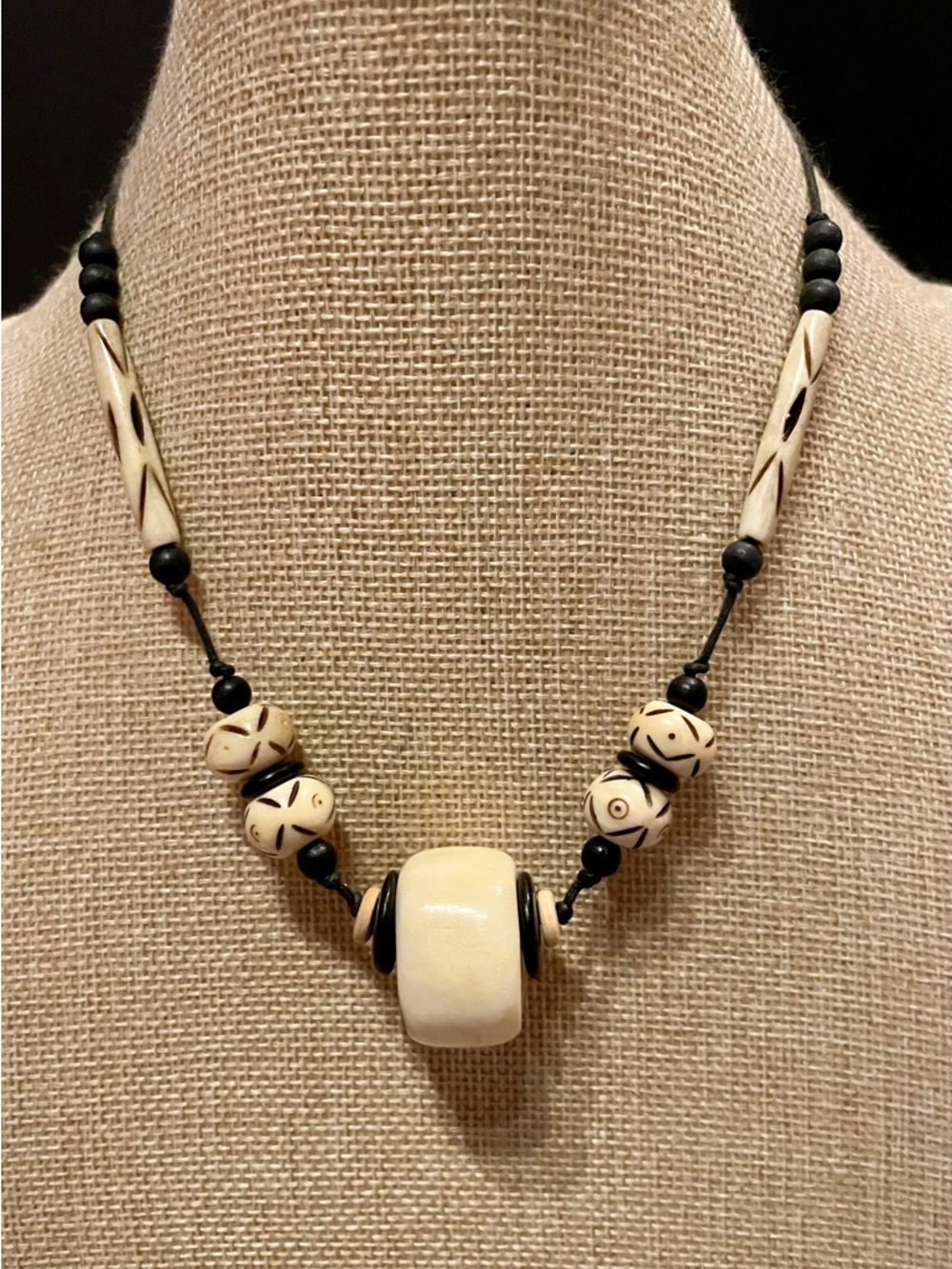 Carved Bone Beaded Ivory and Black Tribal Pendant Necklace